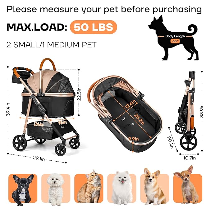 Dog Cat Stroller for Small/Medium Pets up to 50 lbs, 3-in-1 Foldable Pet Stroller with Detachable Carrier, Car Seat, Storage Basket, Cup Holder, Hanging Bag, Rain Cover, All-Terrain 4 Wheels (Khaki)