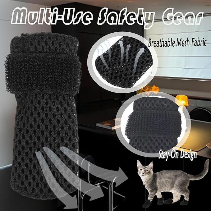 4 Packs Anti Scratch Cat Boots, Adjustable Cat Claw Protectors Covers, Black Breathable Mesh Cats Mittens Foot Covers for Indoor Cats Pet Bathing Cutting Nails（M）
