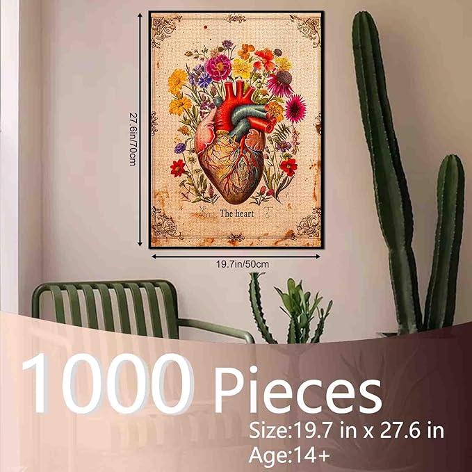 Human Organ Heart Floral Jigsaw Puzzle Vintage Heartbeat 1000 Pieces Puzzles Game Flowers Jigsaw Puzzles for Adults Challenging Family Activity Games Colorful DIY for Home Decor 20 x 27 Inch