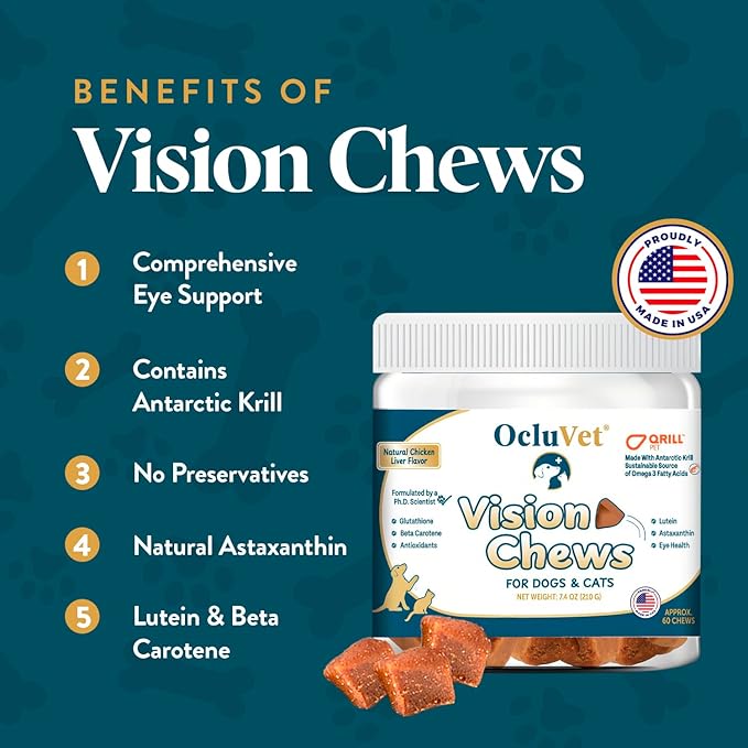 Vision Chews Eye Supplements for Dogs & Cats with Omega 3 Krill, Astaxantin, Choline, Lutein, Glutathione, Cat Vision Supplement & Dog Eye Supplements, Chicken Liver Flavor, 60 Chews, 3.5g Each