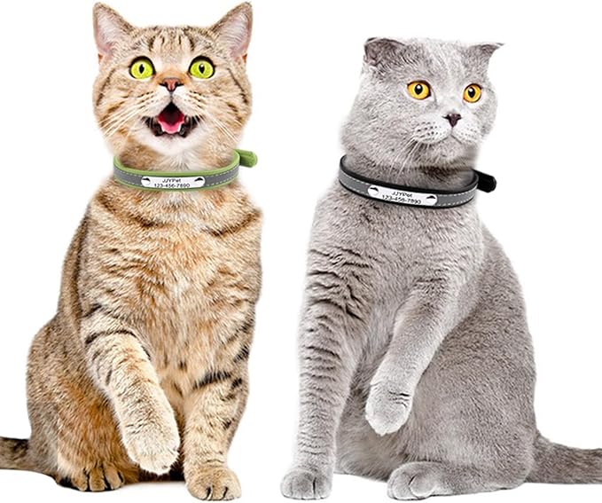 Personalized Reflective Cat Collars with Name Tag and Plated,Engraved Custom Cat Collar with Name and Phone,Kitten Collar with Safety Buckle Adjustable for Cats and Kitten(Brown)