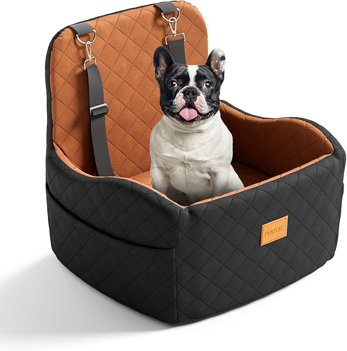 Dog Car Seat for Small/Medium Dogs Under 35lbs, Detachable & Washable Elevated Pet Travel Bed, 2 Storage Pockets & Safety Belt, Anti-Slip Base, Dog Booster Car Seat with Seamless Bottom Design