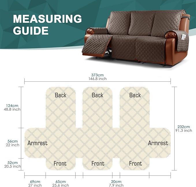 Ruaozz Waterproof Recliner Sofa Cover 1-Piece Couch Covers for Reclining Couches Reclining Sofa Cover Washable Furniture Protector with Elastic Straps Pocket for Kids, Pets (Brown, 3 Seater)