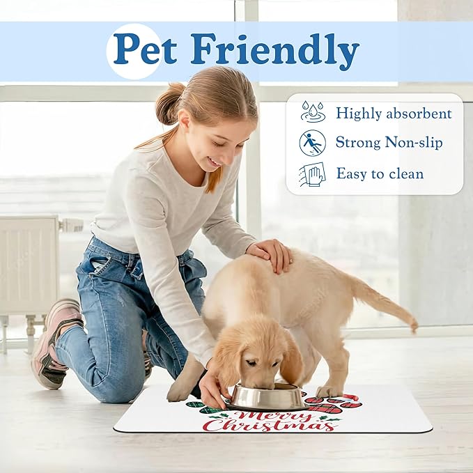 Dog Christmas Dog Food Mat–Absorbent Quick Dry Feeding Placemat for Food and Water Bowls, Non Slip Rubber Backing, Waterproof Pet Supplies for Mess-Free Eating 12"x20"