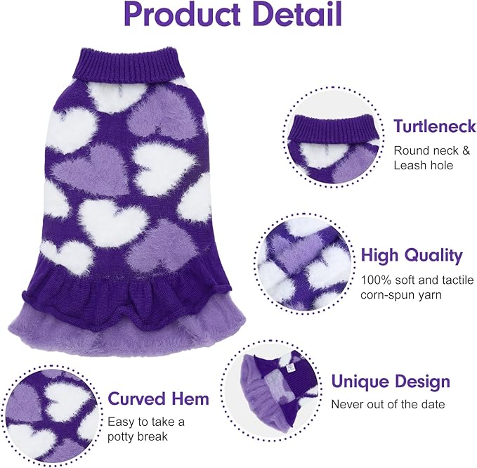 CuteBone Purple Heart Dog Sweater Dress for Small Dogs Girl, Soft and Stretchy Dog Sweater for Medium Large Dogs, Pullover Pet Winter Clothes Ruffle Dress Cat Apparel DS101XL