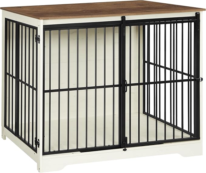 XXL Large Dog Crate Furniture, 46.9" Indoor Dog Kennel Furniture with Barn Door, Wooden Tall Dog Crate, Heavy Duty Dog Cage for Large Dogs, Side End Table, Anti-Chew, White Brown DFC83814B