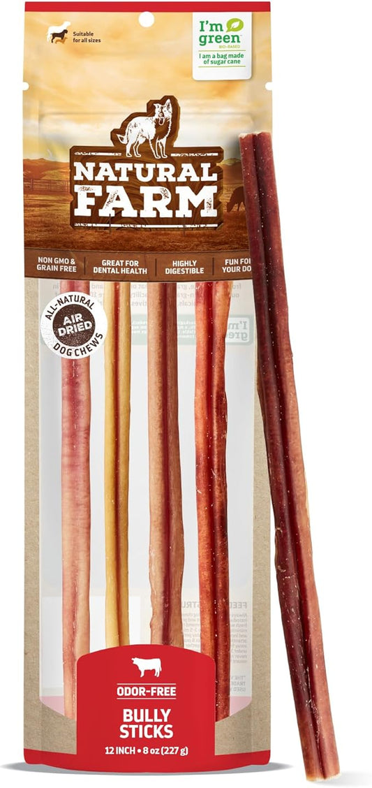 Natural Farm Odor-Free Bully Sticks (12”, 8oz) All-Natural Long-Lasting Chews, 100% Beef Pizzle, Grass-Fed, Grain-Free, Hormone-Free, Protein for Muscle Development & Energy, Perfect for Large Dogs