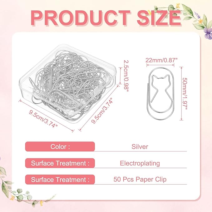 PATIKIL 50 Pcs Cat Shape Paper Clip, Metal Cute Small Paper Clamp Clips for Office Supplies Craft Scrapbook Document Note Sorting, Electroplating, Silver