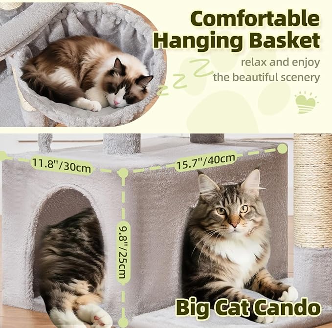 Taoqimiao Cat Tree, 32.2-Inch Cat Tower for Indoors Cats, Cat Condo with Large Cat Perch, Spacious Cat Cave, Scratching Posts for Small and Medium Cats, Light Gray MS043W
