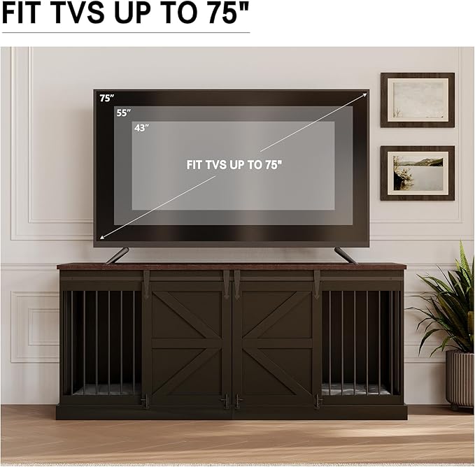 Dog Crate Furniture - Indoor Wooden Dog Kennel Furniture with Room Divider and Double Sliding Barn Doors - 71”x23.6”x31.5”H, Black