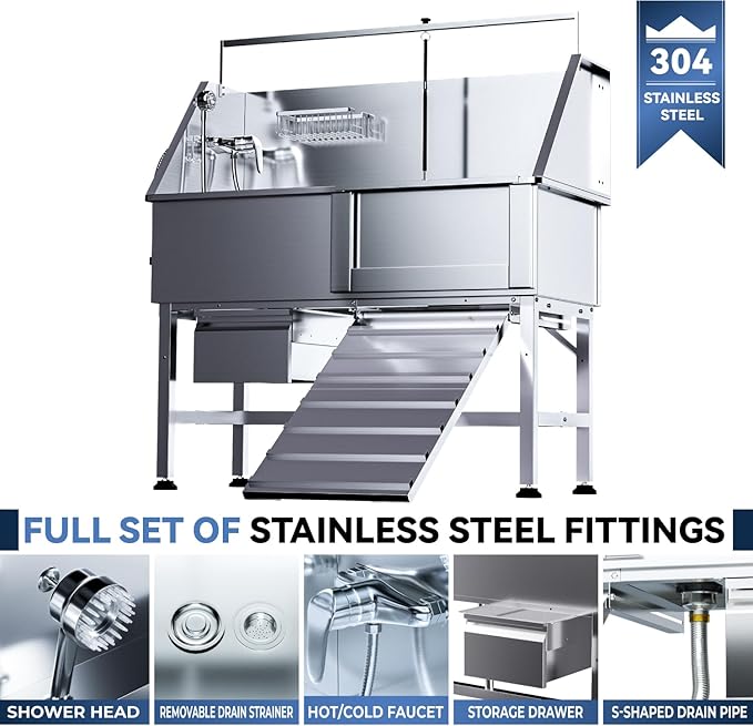 Dog Washing Station for Home, Professional 46" Stainless Steel Dog Bathing Station, Height Adjustable Dog Grooming Tub w/Stair, Storage Drawer, Upgrade Parts(Right ramp)
