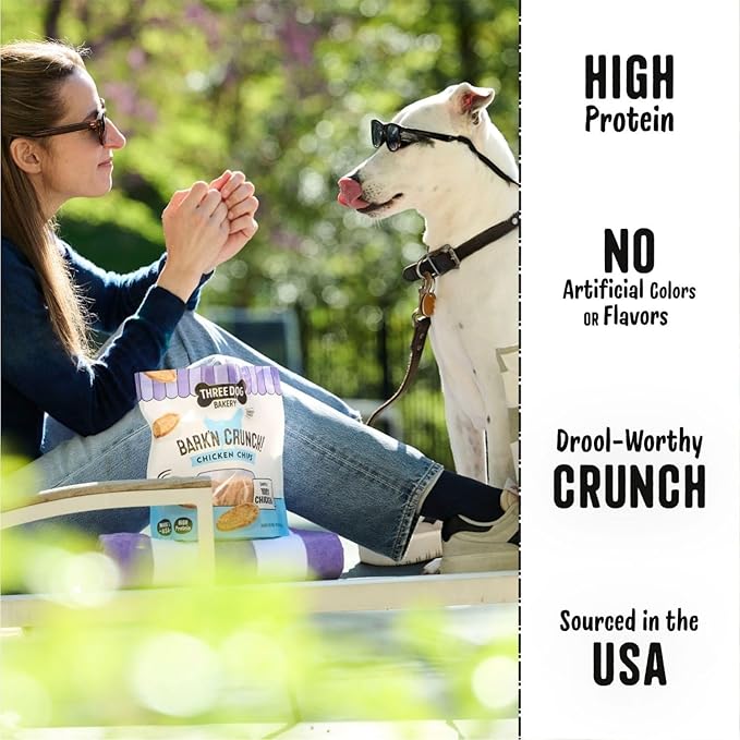 Three Dog Bakery Bark’N Crunch! Chicken Chips, Crunchy Treats for Dogs, Single Ingredient, High Protein Snacks, No Artificial Flavors or Colors, Made in The USA, 15 oz