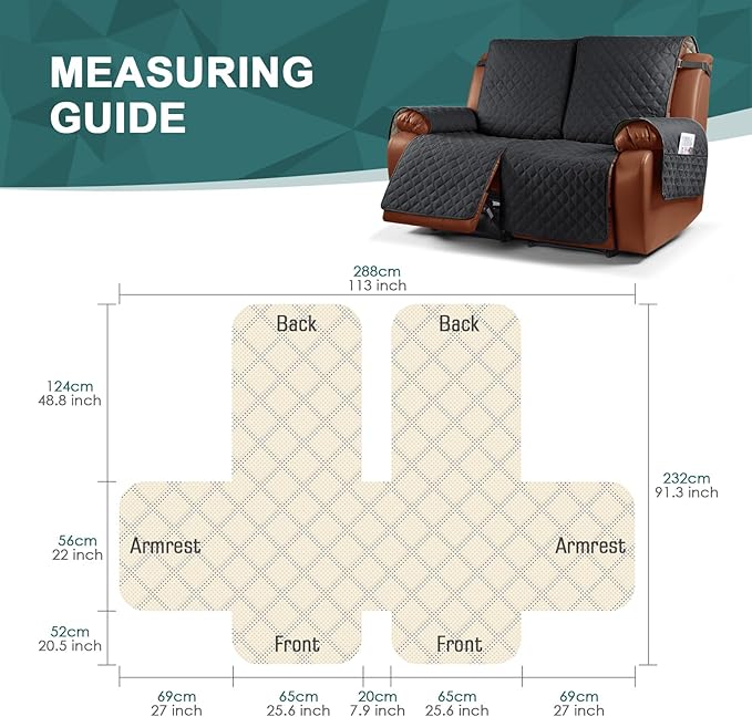 Ruaozz Waterproof Recliner Sofa Cover 1-Piece Couch Covers for Reclining Couches Reclining Sofa Cover Washable Furniture Protector with Elastic Straps Pocket for Kids, Pets (Black, 2 Seater)