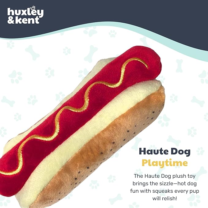 Huxley & Kent Funny Dog Toy w/Squeaker – Power Plush Squeaky Dog Toys for Small, Medium & Large Dogs – Soft Stuffed Animal for Indoor Play & Fetch - Haute Dog, Small