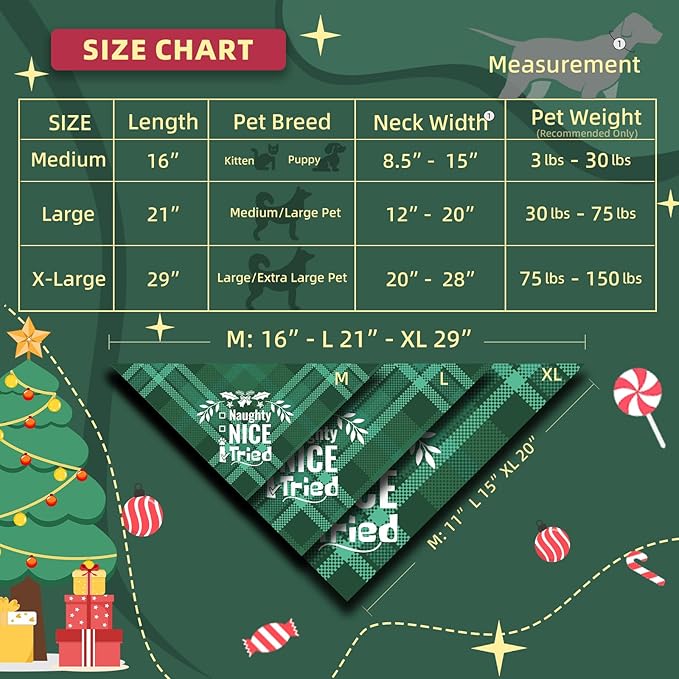 Christmas Dog Bandanas - Naughty Nice I Tried, Pets Funny Holiday Costume Gift Xmas Stocking Stuffers, Green Plaid, Small & Medium Breed, 5-25lbs