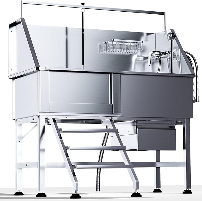 46" Dog Washing Station, Professional Stainless Steel Dog Bathtub w/Ramp & Storage Drawer, Adjustable Grate, Non-Slip Design, Perfect for Home Grooming & Large Dogs (46" Left Stair)