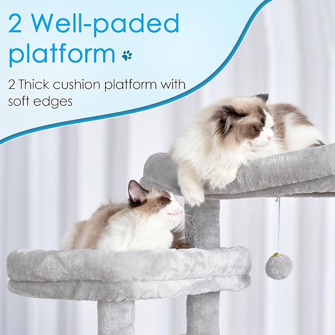 Hey-brother Cat Tree, 74 inches Multi-Level XL Large Cat Tower for Indoor Cats with Three Cat Condos, Two Large Top Decks and Cat Hairbrushfor Kittens, Cats and Pets, Light Gray MPJ035-MW