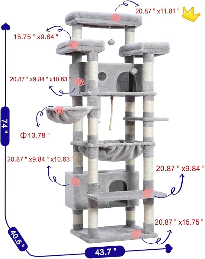 Cat Tree for Indoor Cats Large Adult, 74" Cat Tower with 3 Big Platforms, 2 Baskets, 2 Condos, Multi-Level Cat Scratching Posts, Light Gray GCT030W