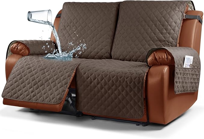 Ruaozz Waterproof Recliner Sofa Cover 1-Piece Couch Covers for Reclining Couches Reclining Sofa Cover Washable Furniture Protector with Elastic Straps Pocket for Kids, Pets (Brown, XL 2 Seater)