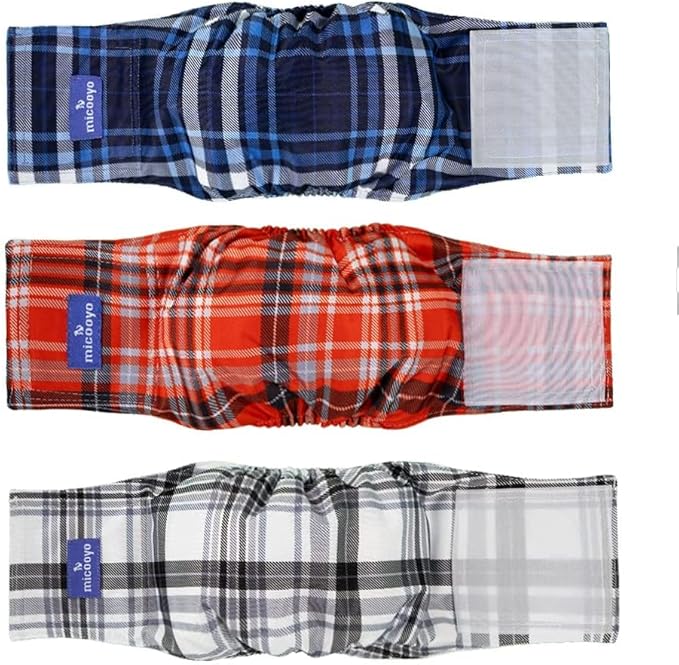 MICOOYO Washable Belly Bands for Male Dogs Reusable Doggie Diapers Absorbent Doggy Wraps with Adjustable Fastener - XSmall (Pack of 3, Plaid Red and Blue and Grey)