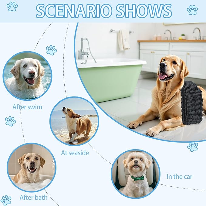 OLANLY Chenille Dog Bath Towel 31x13, Ultra Absorbent Quick Dry Pet Towel, Extra Soft Washable Plush Towel for Large Dogs & Puppies, Indoor Outdoor Use, Dark Grey