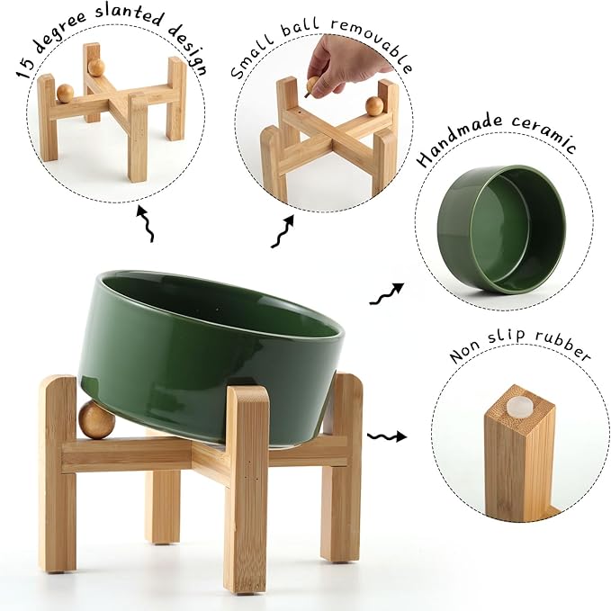 Petygooing Elevated/Raised 15°Slanted Ceramic Dog Bowl for Small and Medium Breeds, Tilted Anti Slip Pet Feeding Bowl,Food Water Dish with Stand for Cats and Dogs (28 OZ/3.6 Cups) Rust Green