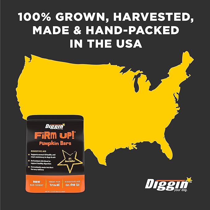 Diggin' Your Dog Firm Up Bars for Dogs & Cats, 100% Made in USA, Pumpkin Powder Bars for Dogs, Digestive Support, Apple Pectin, Fiber, Healthy Stool, 6 Count