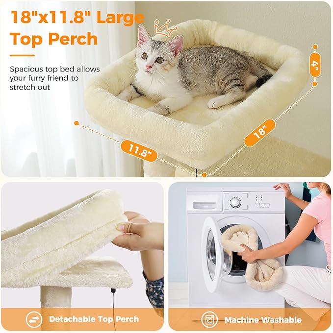 71 Inch Tall Cat Tree for Indoor Cats Large Adult, Multi-Level Cat Tower with Extra Large Hammock, 2 Cat Caves, Spacious Top Perch, Scratching Pad, Beige