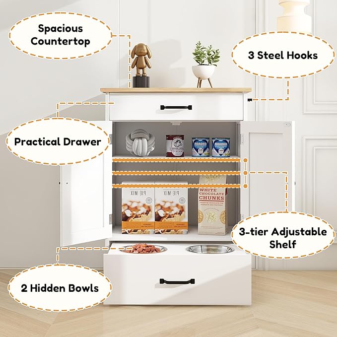 Dog Feeding Station with 2 Elevated Dog Bowls, Food Storage with Adjustable Shelf and Sliding Drawer, Hidden Pet Feeder Station for Cats and Dogs, White