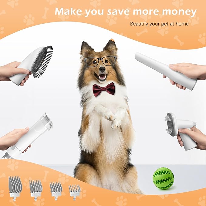Grooming Kit with 2.3L Vacuum Suction 99% Pet Hair, Pet Grooming Vacuum Low Noise with 5 Tools and 4 Different Lengths Clipper Guards for Dog Cat (White)