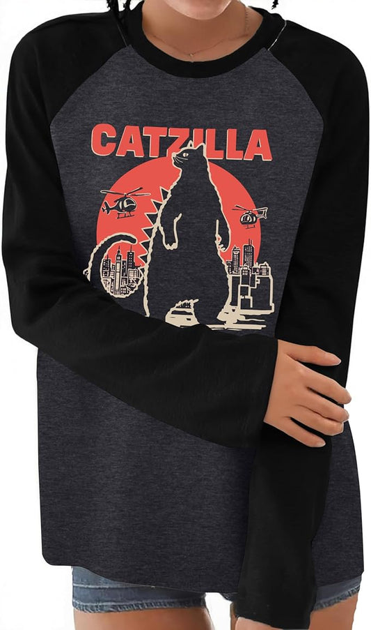 JINTING Cat Shirts for Women - Loose Fit Lightweight Long Sleeve Graphic Tee Fall Printed Crewneck Blouse Casual Tops