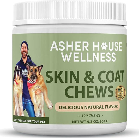 Asher House Wellness Skin & Coat Chews - Dog Itching Skin Relief with Omega 3, 6, 9, Fish Oil, Biotin - Dogs Itchy Paw Licking Chewable Treats, Puppy Dry Itch Supplement - 120 Soft Chews