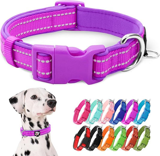 azuza Reflective Dog Collar,Soft Neoprene Padded Pet Collar with ID Tag Ring,Adjustable for Large Dogs,Purple,L