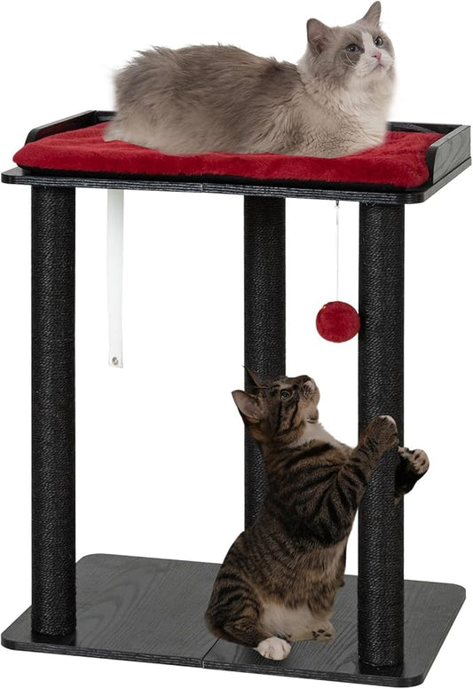 FourFurPets 26.7in Large Cat Tree Tower Condo, Cat Scratch Posts for Indoor Cats, Big Plate, Three 23.6in Full Sisal Scratching Posts, Black&Red
