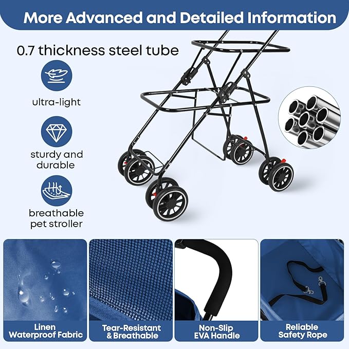 Double Pet Stroller for Dogs and Cats,Cat Strollers for 2 Cats,Double Dog Stroller for 2 Small Medium Dogs,4 Lockable Wheels/Lightweight/Folding,Navy Blue