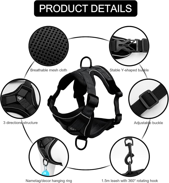 Cat Harness and Leash Set: Upgraded Escape Proof Vest with Lead for Large Cat Small Dog Puppy Walking, Soft Jacket Reflective Strips, Black (S)
