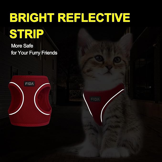 Fida Cat Harness and Leash Set for Walking Kitten and Puppy, Escape Proof Kitten Harness with Breathable Lightweight Soft Mesh, Adjustable Reflective Step-in Design for Kitten and Puppy.(XXXS, Red)