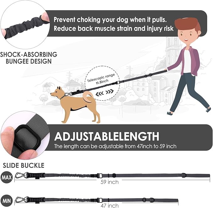 Hotsky Tactical Dog Leash Heavy Duty for Medium Large Dogs That Pull,4-6Ft Strong Bungee Shock Absorbing No Pull Dog Leash with Padded Double Handle and Car Seatbelt,Black
