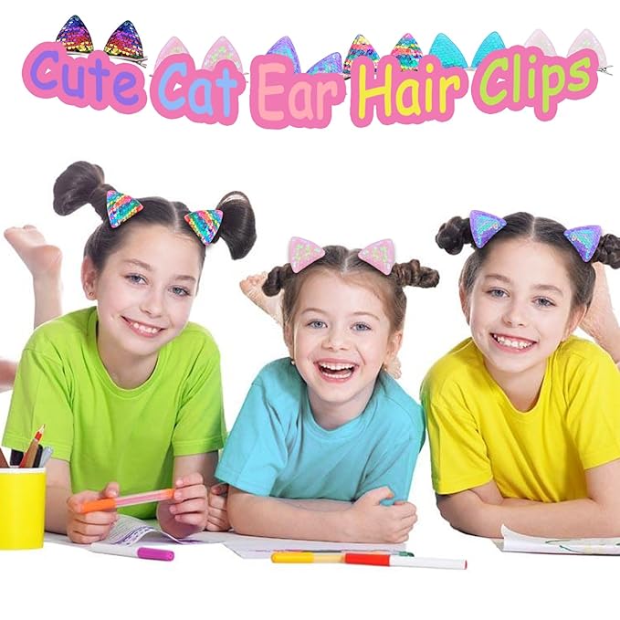 12 Glitter Sparkly Cat Ear Hair Clips and Barrettes for Girls, Toddlers, and Kids - Animal Hair Pins