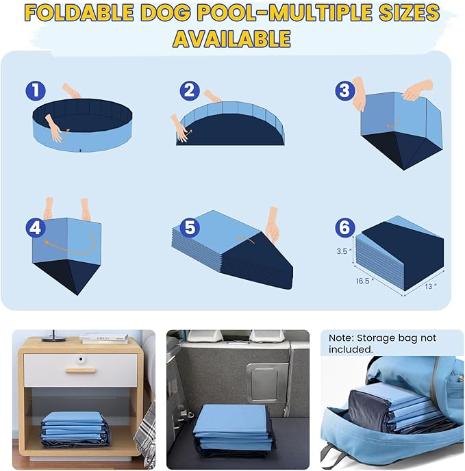 Foldable Pool for Dog and Kids 57" Washing Portable Plastic Tub for Large Dog, Non-Slip Collapsible Kiddie Swimming Wading Pool for Toddler Age 3-5 Outdoor Backyard