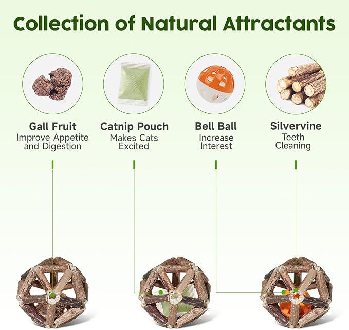 Potaroma Catnip Toys, 3Pcs Cat Toys Natural Silvervine Stick Cage Balls & Bell Ball for Indoor Cats, Kitten Cleaning Teeth Molar Matatabi Cat Chew Toy All Breeds