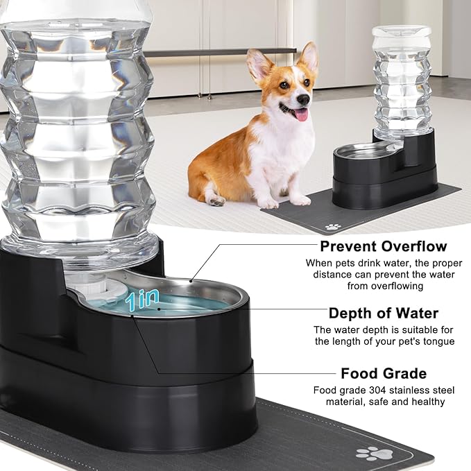 RIZZARI Large Water Dispenser for Dogs: 8L Gravity Black Automatic Stainless Steel Waterer - Raised Pet Feeder for Friendly Senior Medium to Large-Sized Dogs - Good for Spine - in Bedroom Garden