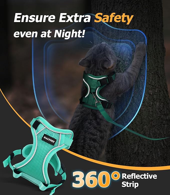 Halypet Cat Harness and Leash Set [MAX Safety 4th-Gen Upgrade] Escape Proof Adjustable Cat Leash Comfortable Soft Vest Easy to Wear Kitten Harness with Reflective Strip for Cats Walking, M Green