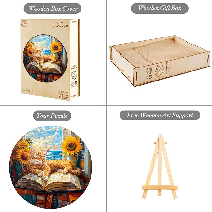 KAAYEE Wooden Puzzles for Adults, Lazy Orange Cat 200 Piece Unique Animal Shape Puzzle, Cat Wood Puzzle for Adults, Creative Gifts for Friends/Family, Home Decor(11.4 * 11.4in)
