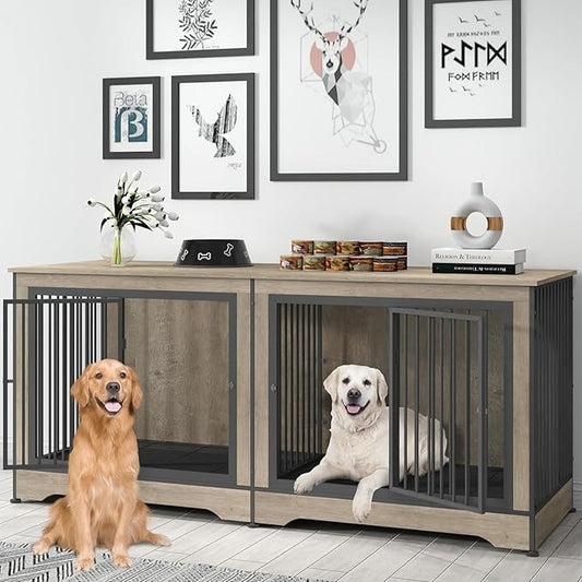 75 Inch Double Dog Crate Furniture, 3 in 1 Dog Cage for Large Dogs, Durable Grey TV Stand Dog Crate with Trays and Divider, Double Dog Kennel for 2 Dogs