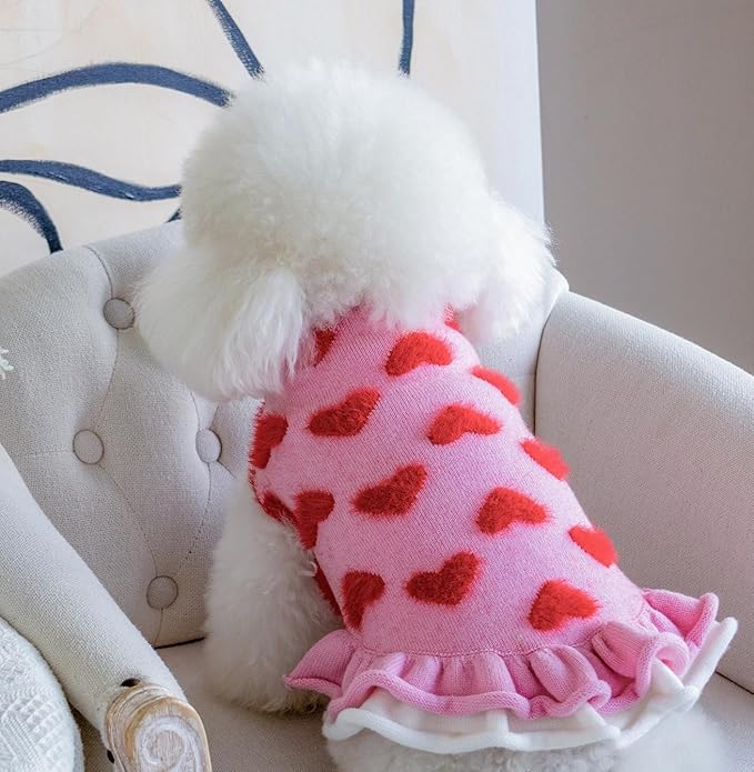 CuteBone Fancy Pink Dog Sweater Dress, Soft and Stretchy Dog Clothes for Medium Large Dogs Girl, Pink Heart Puppy Sweater Pullover Ruffle Dress Pet Outfit Cat Apparel