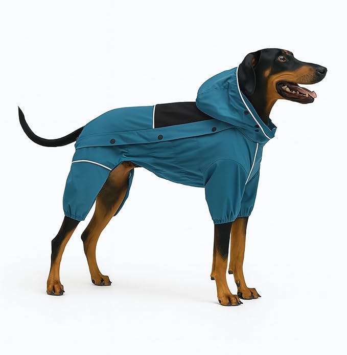 LOVELONGLONG Waterproof Dog Raincoat with Removable Hood – Outdoor Full Body Dog Jacket, Windproof Snowproof Shell Suit – All Season Pet Rain Gear Ocean Teal 3XL