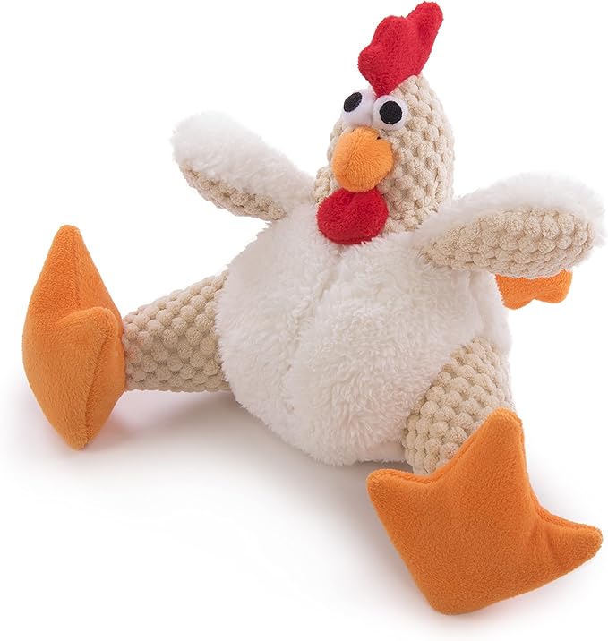 goDog Checkers Fat Rooster Squeaky Plush Dog Toy, Chew Guard Technology - White, Small