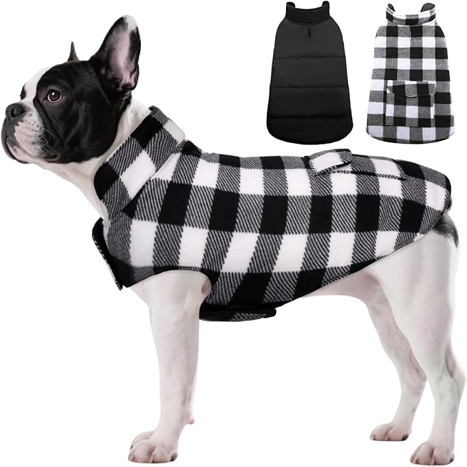 ASENKU Dog Winter Coat, Fleece Doggie Jacket Plaid Reversible Vest Waterproof Windproof Cold Weather Clothes for Small Medium Large Dogs (XS, White)
