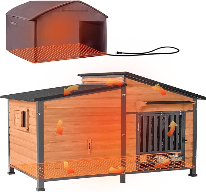 GUTINNEEN Extra Large 60" Heated Dog House Outdoor Dog Kennel with Safe Heated Pad, Chew-Proof Metal Frame and Rotating Food Bowl for Large Dog Breeds, 60" L x 36" W x35.4 H (Brown)